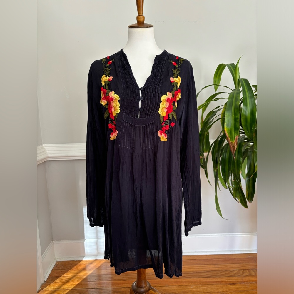 Johnny Was Black Tunic with Red and Yellow Floral Embroidery